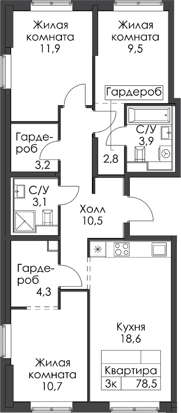 3-комнатная квартира 78.5 м², 1/15 эт., ЖК «Заречный парк»